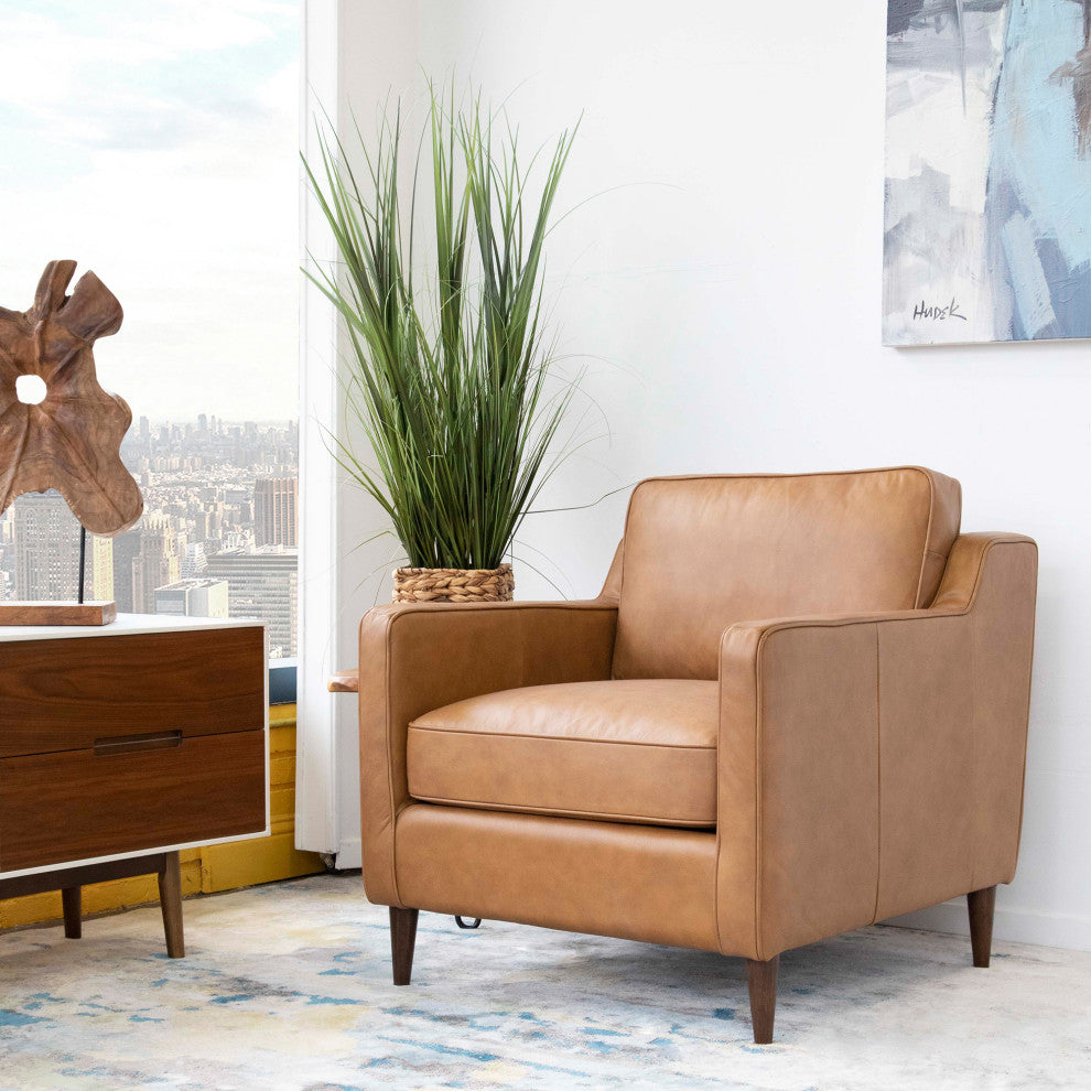 Manhattan Mid-Century Modern Cushion Back Genuine Leather Armchair, Tan