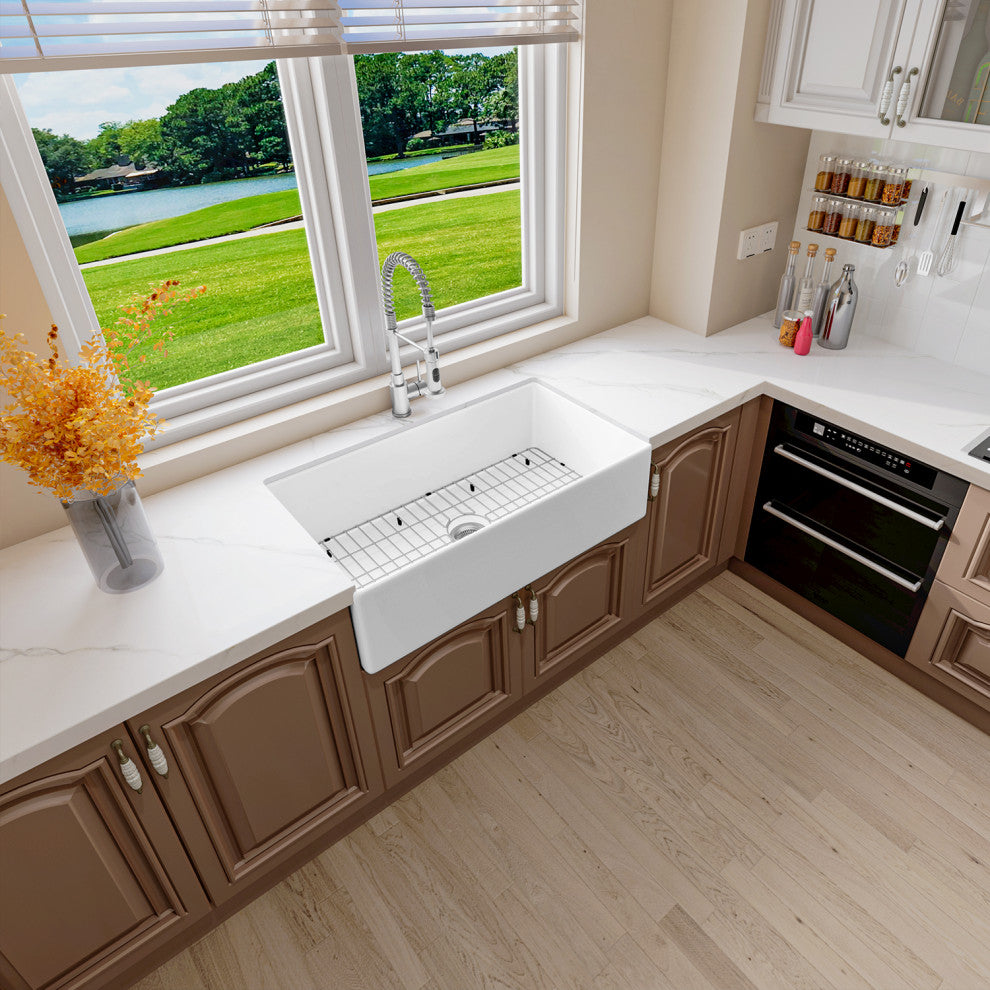 Sinber Farmhouse Apron Single Bowl Kitchen Sink with Fireclay 2 Accessories, White, 36" X 20"