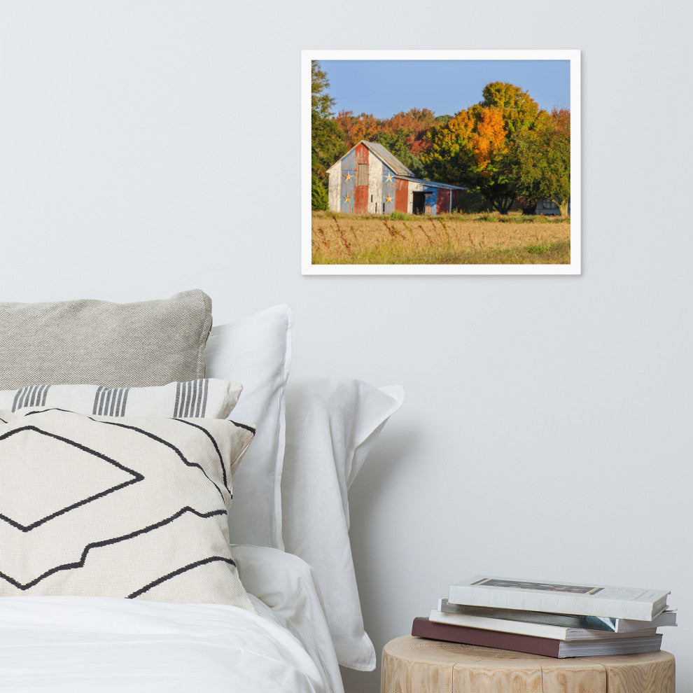 Patriotic Barn in Field Rural Landscape Framed Photo Paper Wall Art Prints, White, 16" X 20"