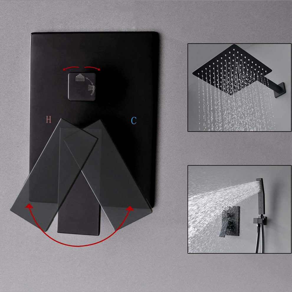 Ceiling Mounted Shower System Set With 12" Rain Shower Head, Matte Black