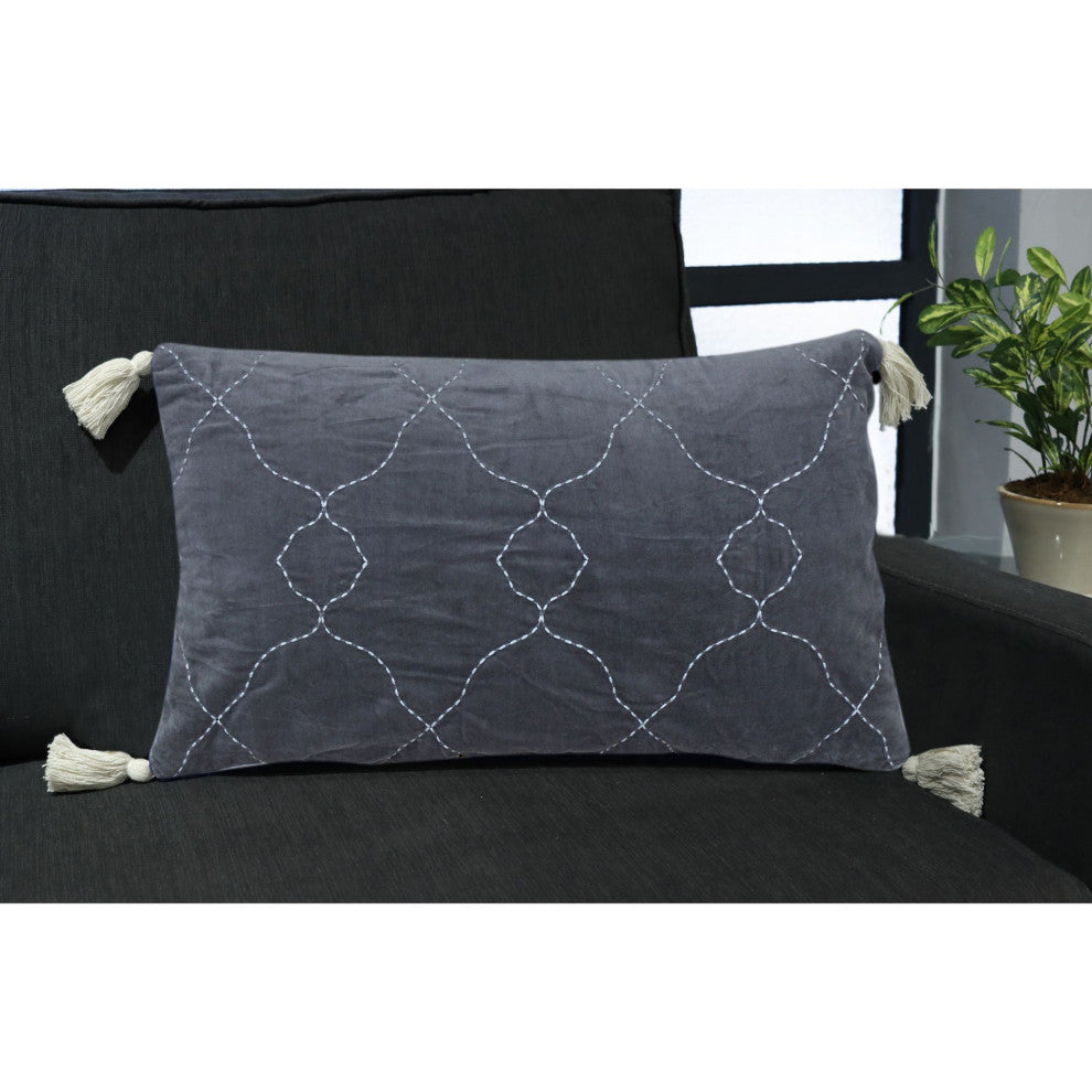 Grey Machine Woven with Tassels Morgan Throw Pillow, 16" x 26"