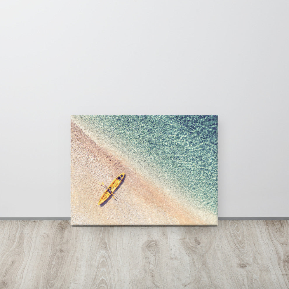 Yellow Canoe and Blue Sea by with Soft Violet Effect Canvas Wall Art Prints, 18" X 24"