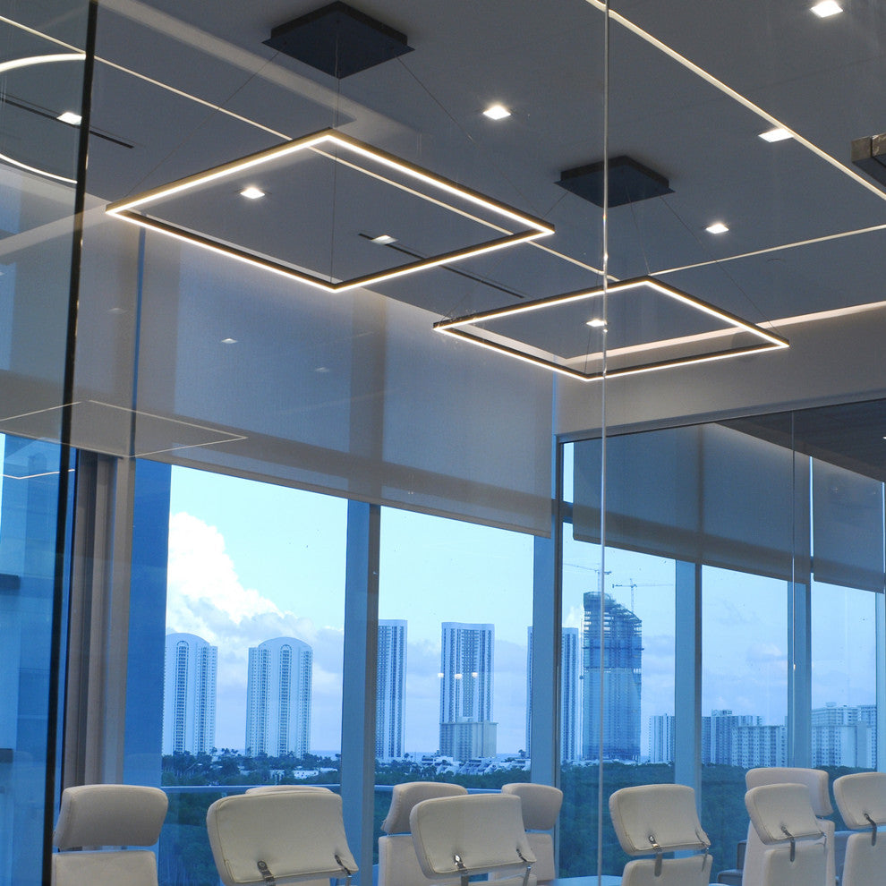 39" Atria LED Square Chandelier, Adjustable Suspension Fixture, Black