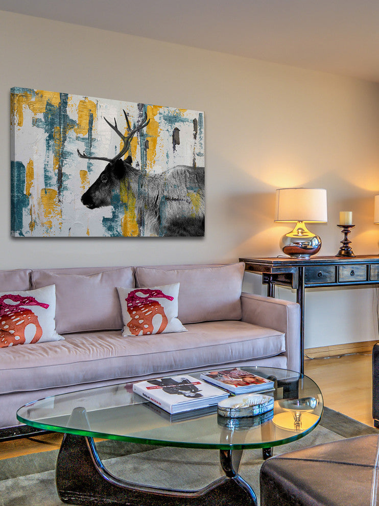 "Teal Yellow Reindeer" Painting Print on Wrapped Canvas, 18"x12"