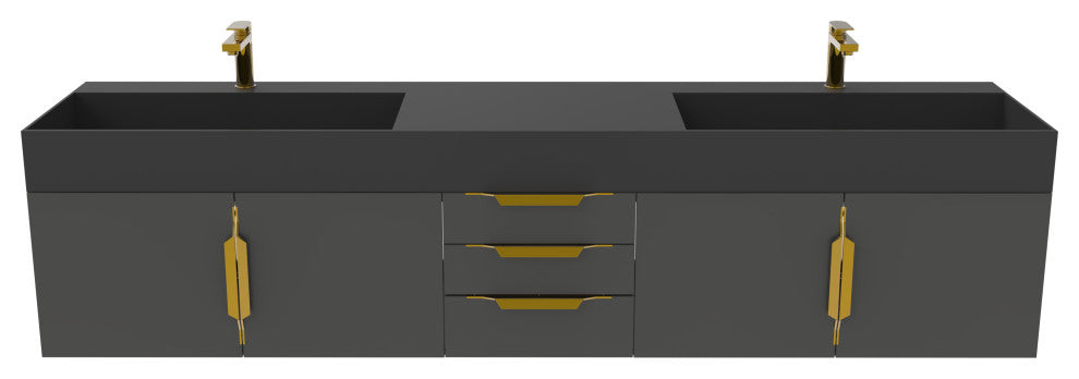 CastelloUSA Amazon 84" Wall Mounted Vanity Set, Black, Black Top, Gold Handles