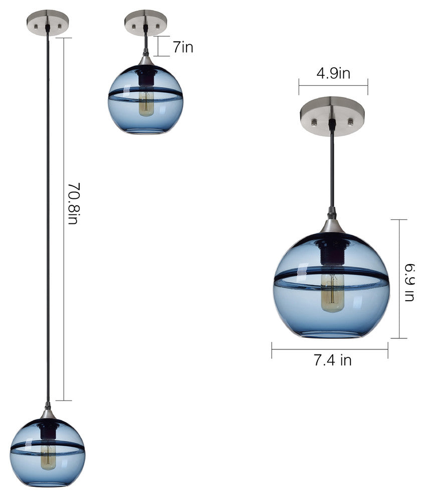 Unique Optic Hand Blown Glass Pendant Lights, Brushed Nickel, Set of 3, Blue