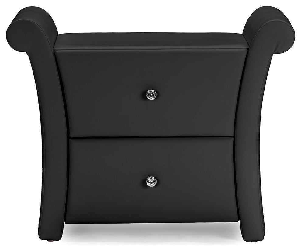 Victoria Matte Black PU Leather 2 Storage Drawers Nightstand Bedside Table