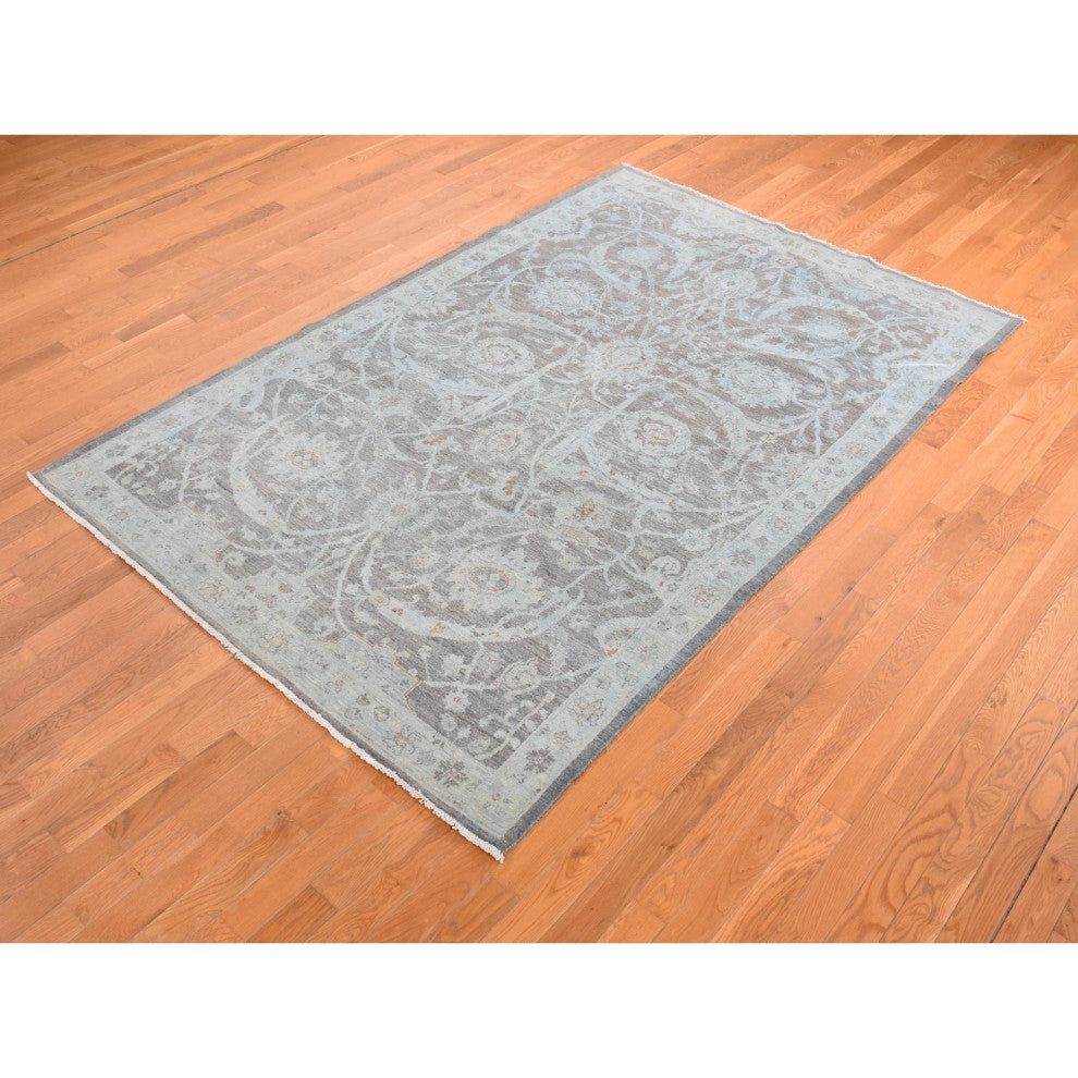Arctic Blue, Silver Wash Peshawar, Hand Knotted, Pure Wool, Rug, 5'9"x9'