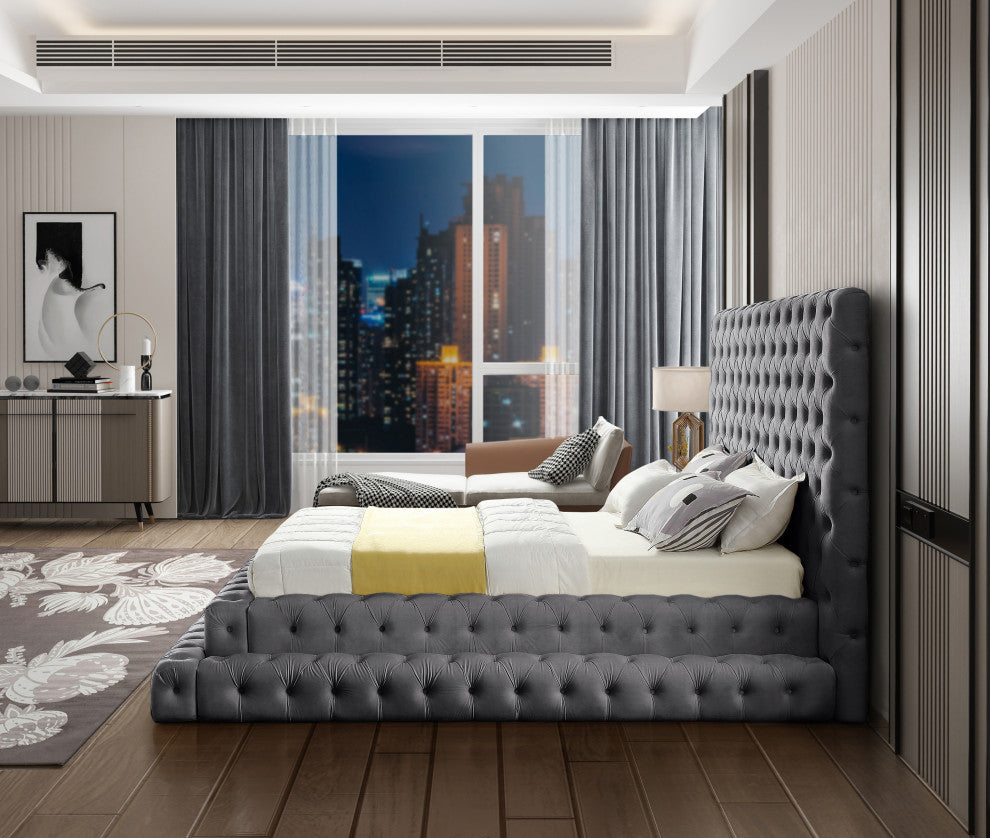 Revel Velvet Upholstered Bed, Gray, Queen