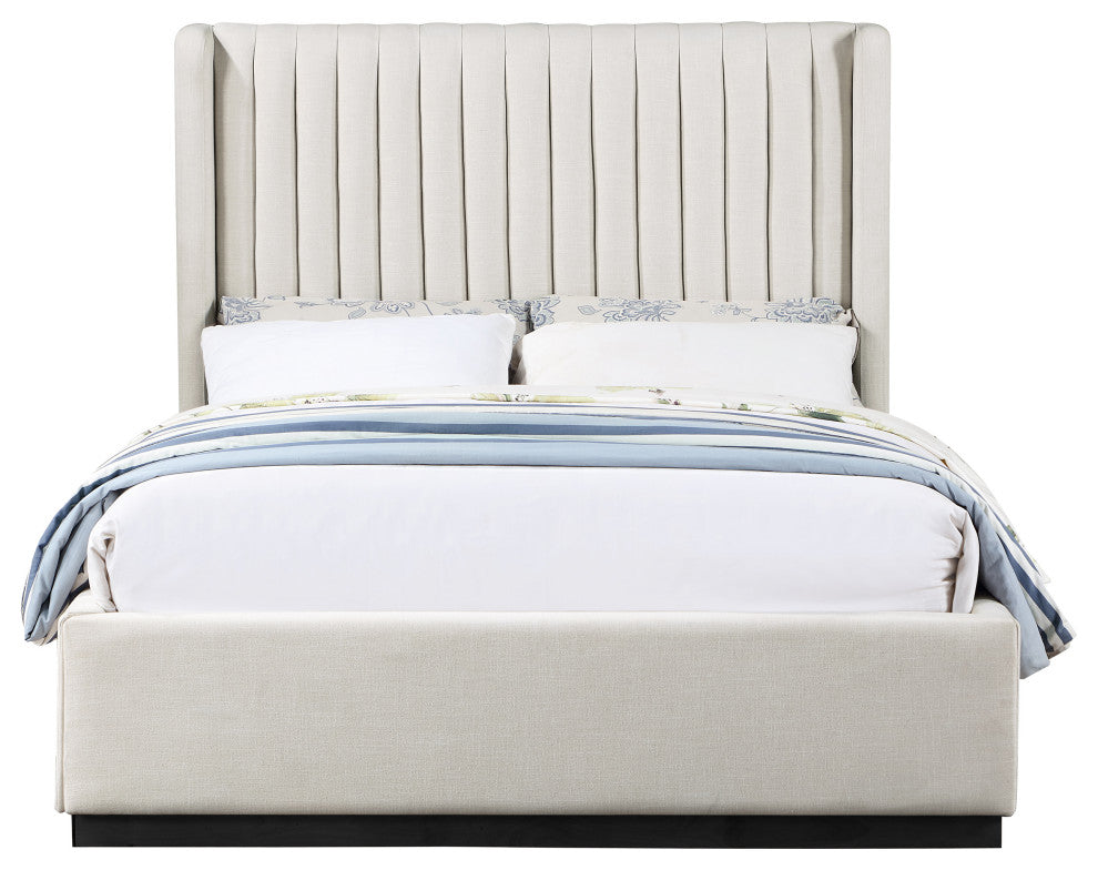 Logan Beige Linen Textured Fabric Twin Bed, Beige, Full