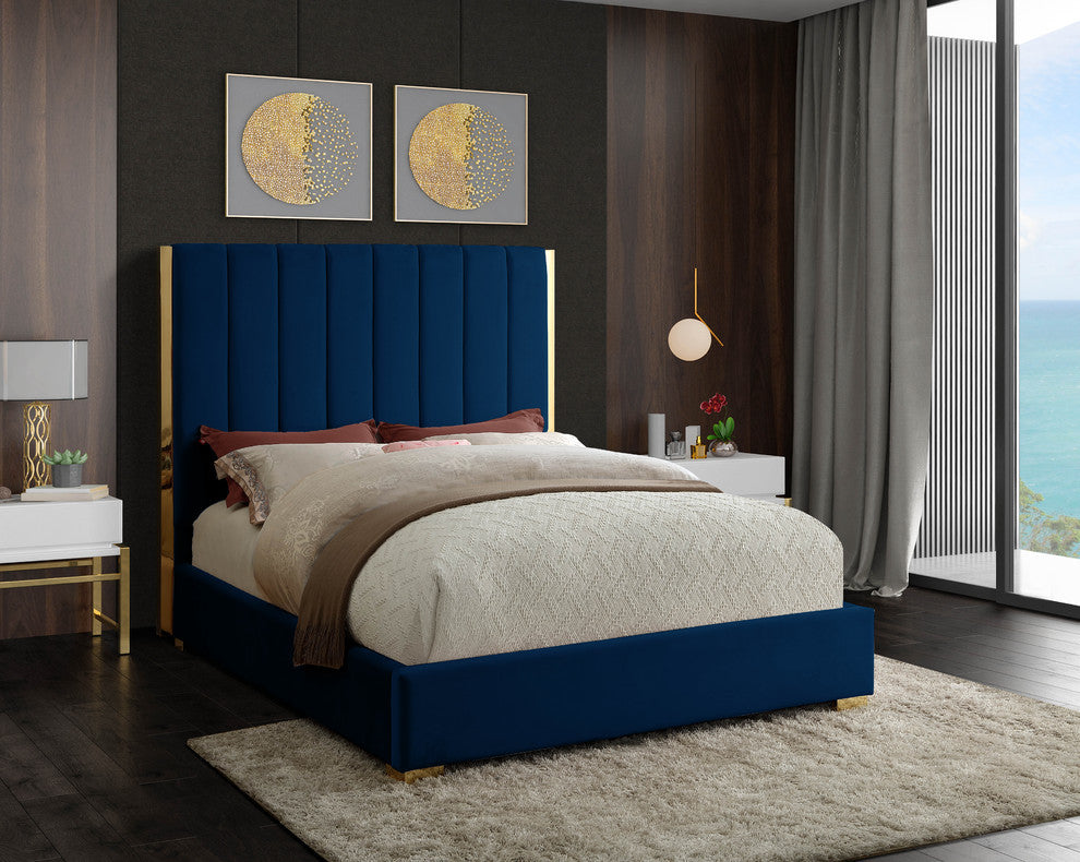 Becca Velvet Upholstered Bed, Navy, Queen