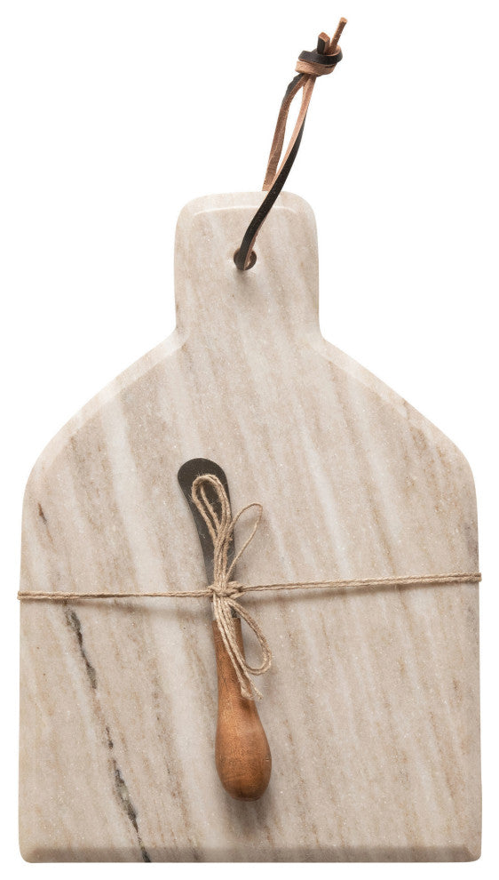 Marble Cheese and Cutting Board, Handle, Leather Tie and Canape Knife, Buff
