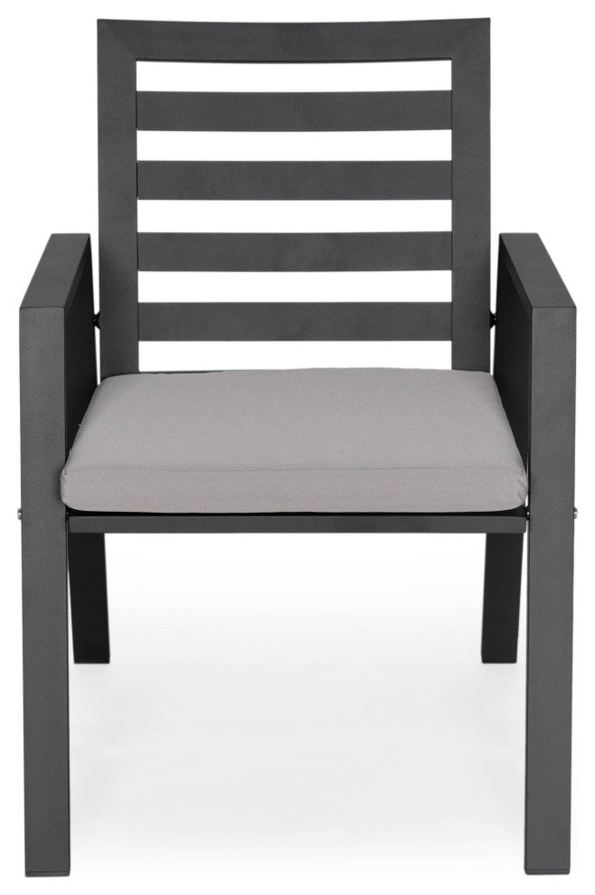 LeisureMod Chelsea Modern 8-Piece Outdoor Dining Set, Black Aluminum, Light Grey