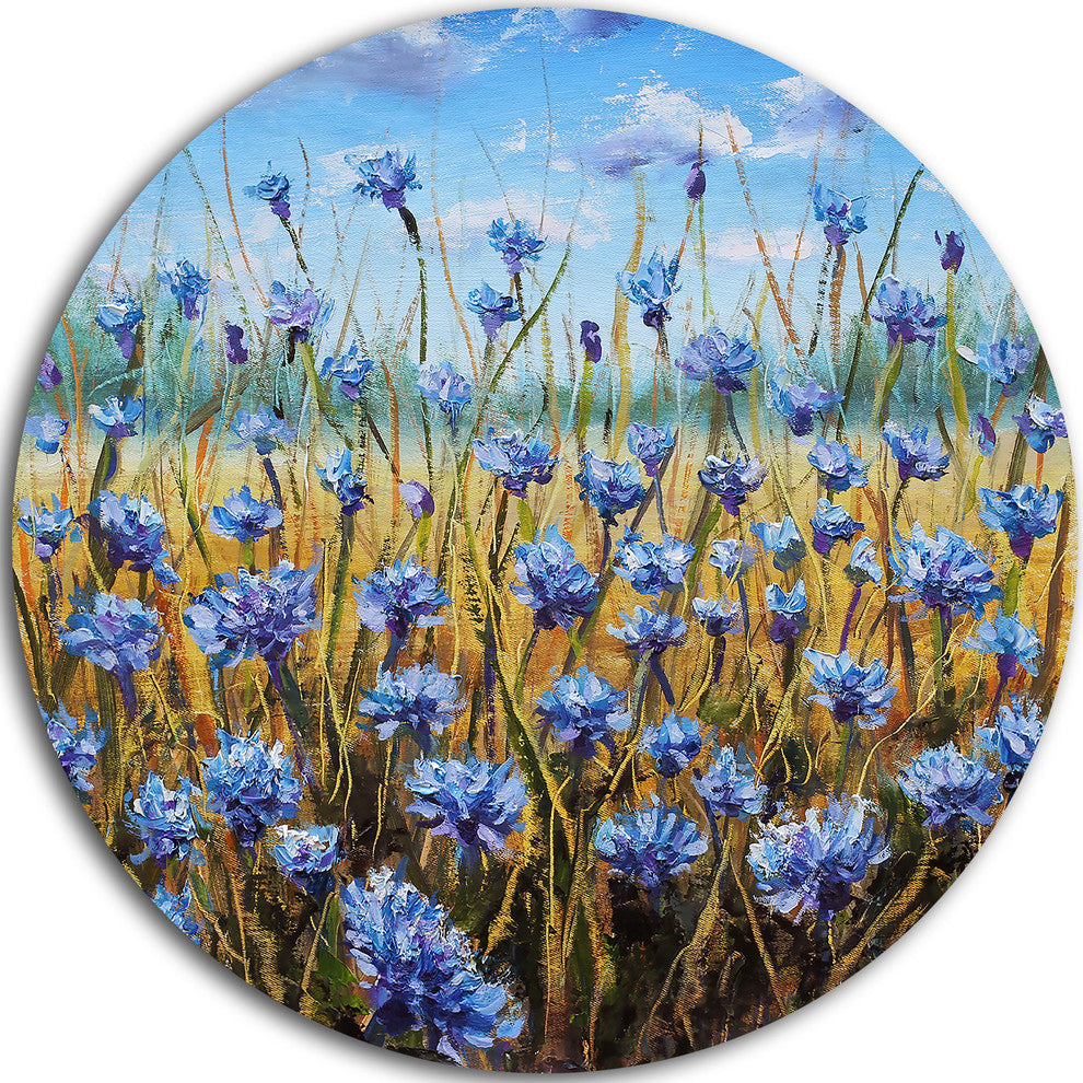 Blue Flowers In Meadow, Floral Disc Metal Wall Art, 11"