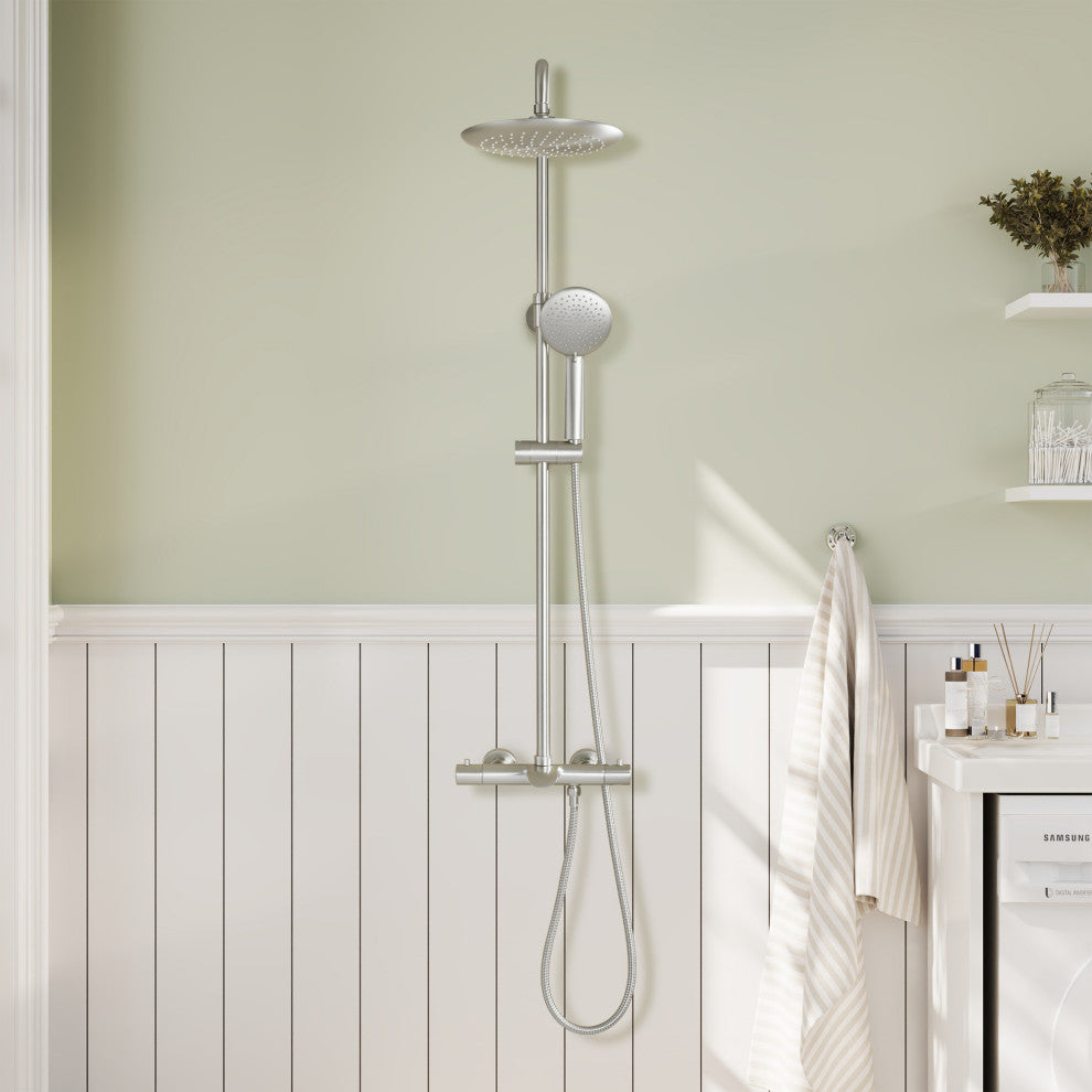 Thermostatic Round Shower Faucet Dual Head Waterfall Shower Bar System, Brushed Nickle
