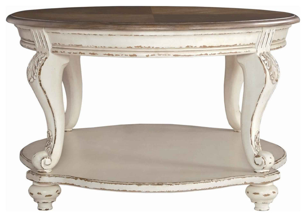 Benzara BM227591 Two Tone Oval Cocktail Table, Bottom Shelf, Antique White/Brown