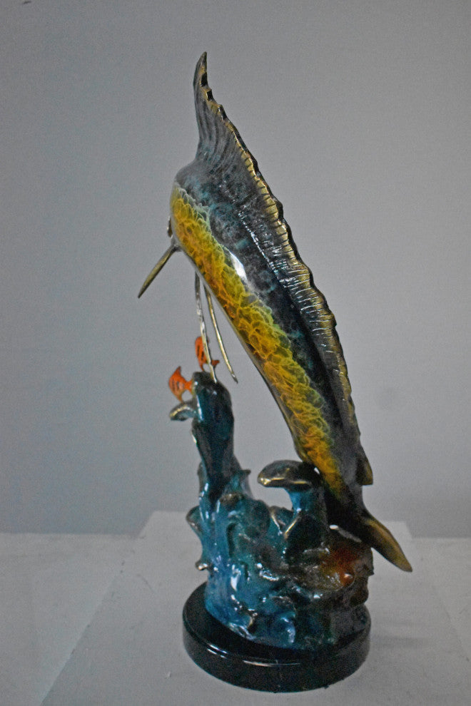 Swordfish with Two Small fish Bronze Statue on Marble - Size: 21"L x 13"W x 28