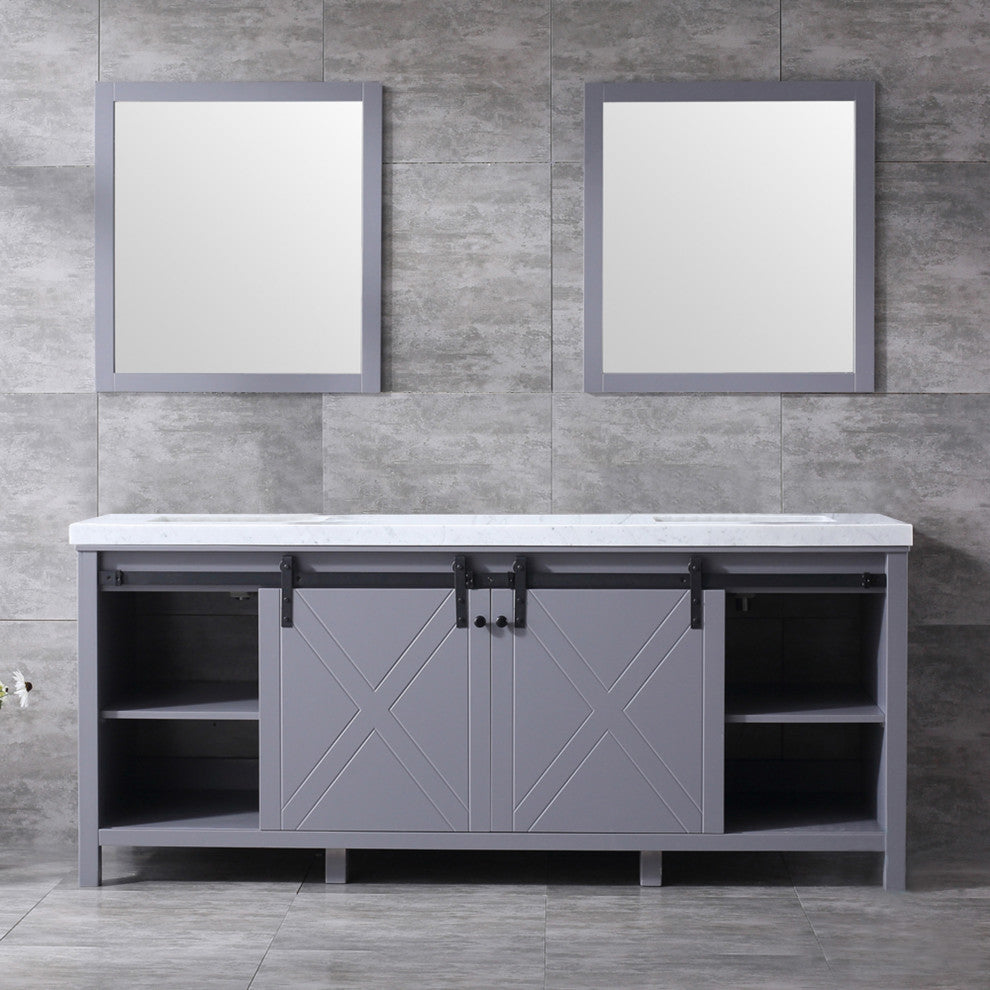 Marsyas 80" Dark Gray Double Vanity Carrara Marble Top Sinks, 30" Wall Mirrors