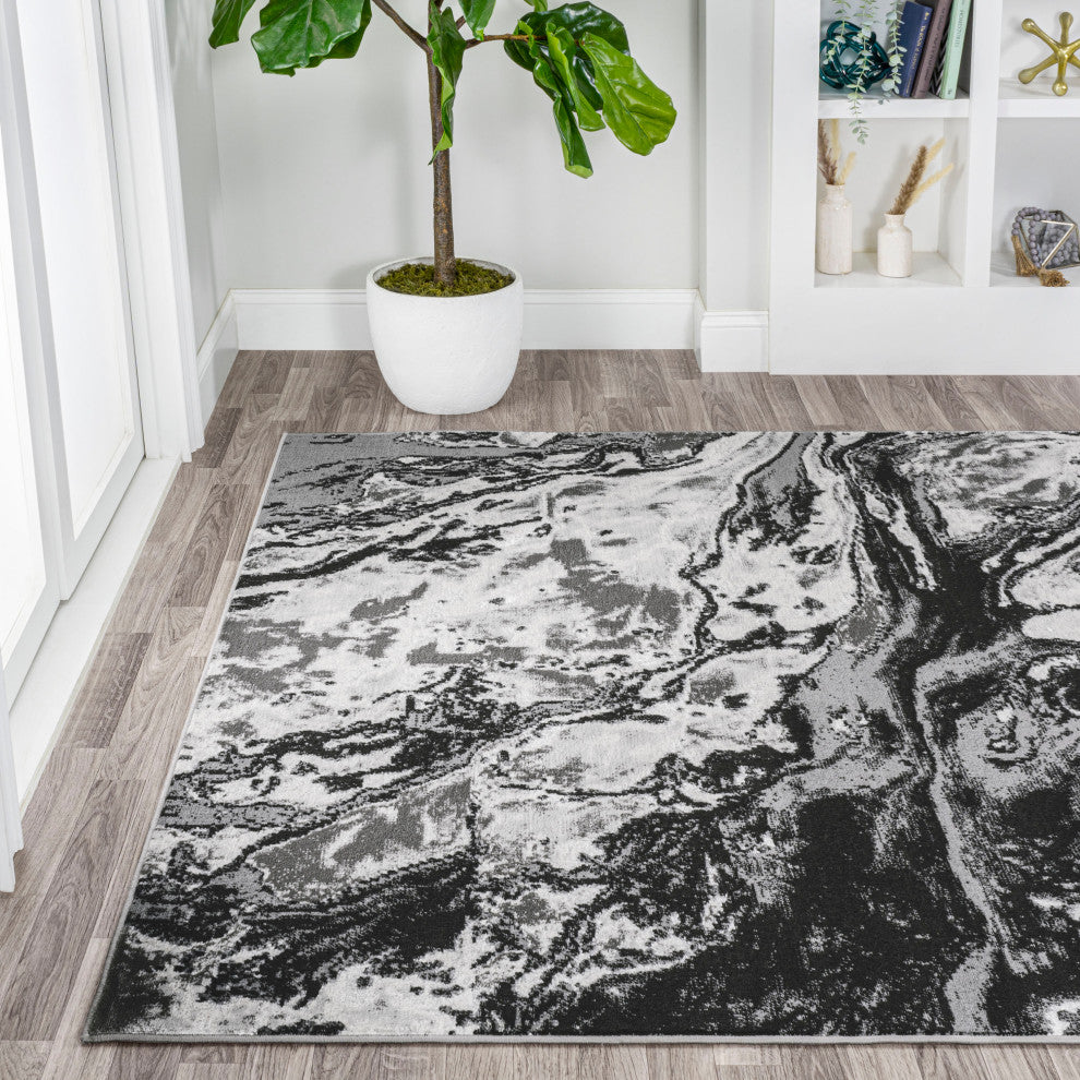 Swirl Marbled Abstract Area Rug, Black/Ivory, 8 X 10