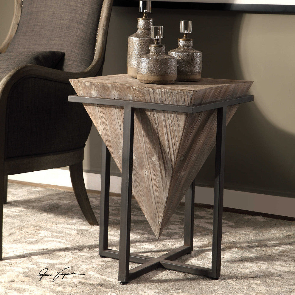 Modern Rustic Industrial Pyramid End Table, Geometric Iron Wood Block Accent