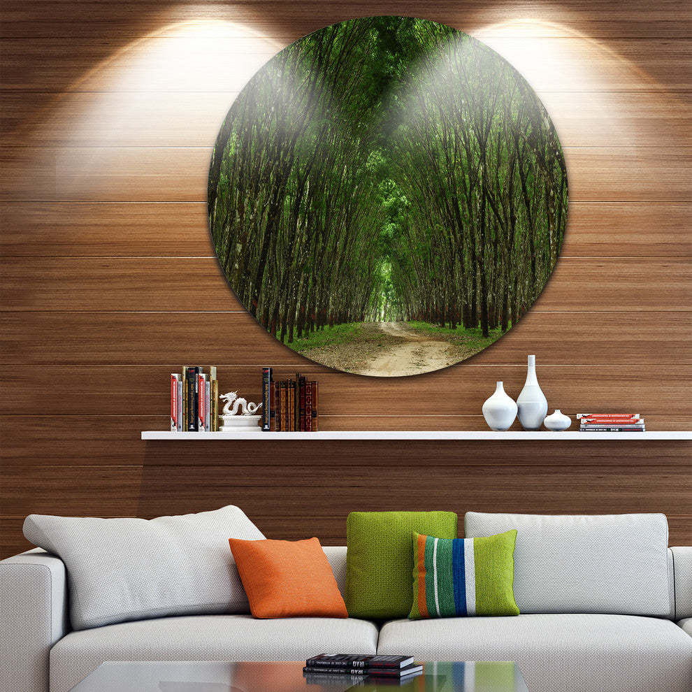 Pathway In Thick Green Forest, Landscape Photo Disc Metal Wall Art, 23"