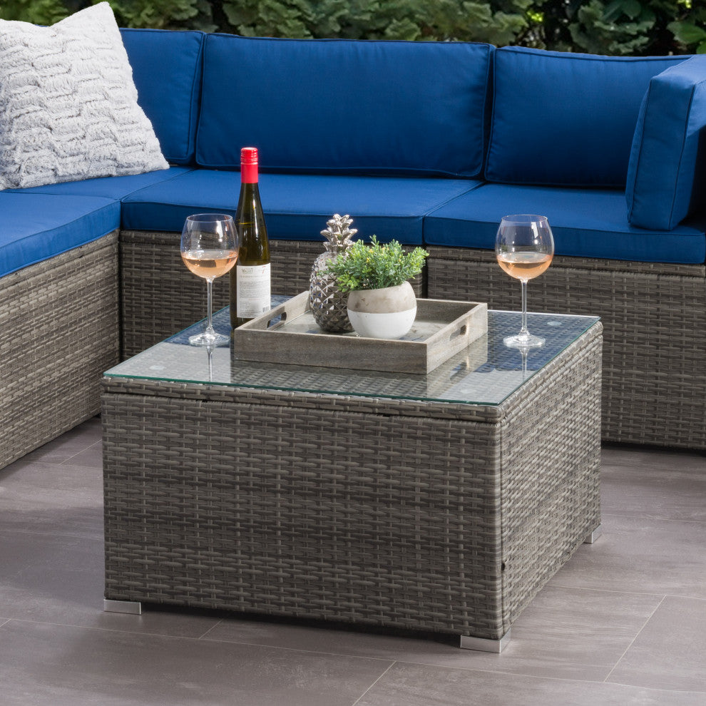 CorLiving Parksville Gray Wicker / Rattan Square Patio Coffee Table w/ Glass Top
