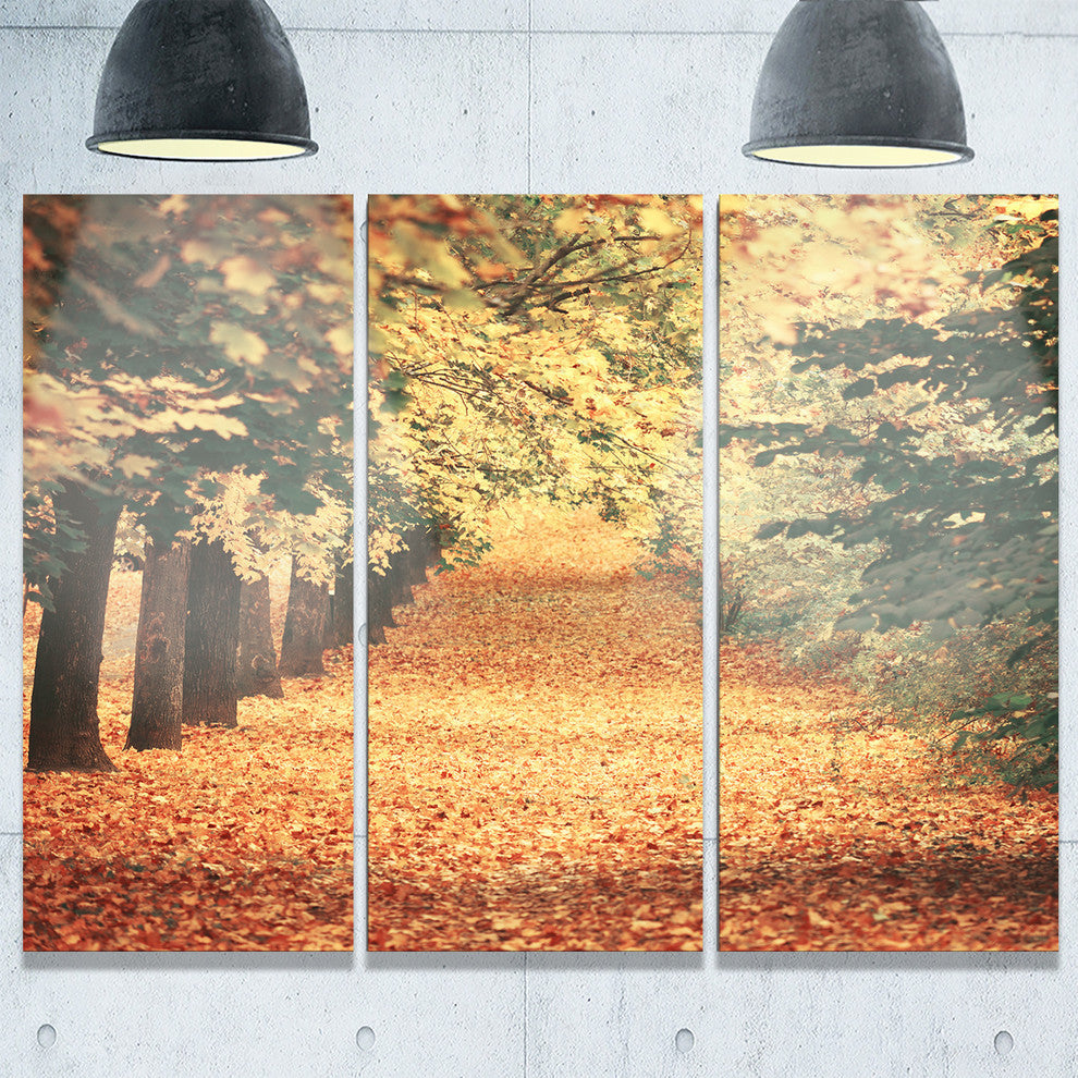 "Autumn Forest With Walking Path" Forest Metal Wall Art, 3 Panels, 36"x28"