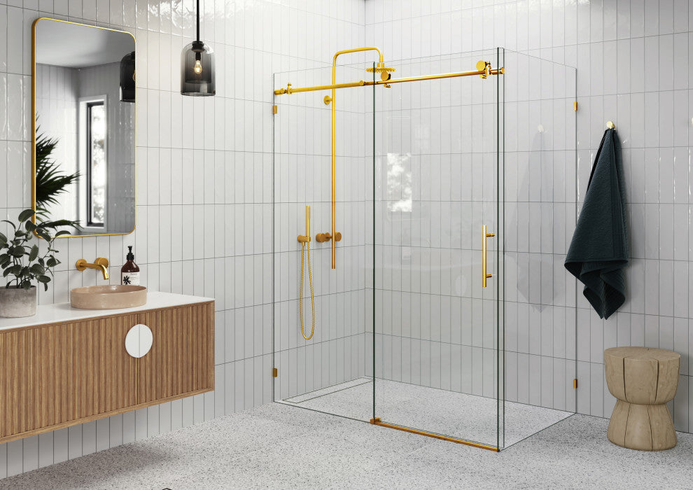 52"-56"x36"x78" Frameless Sliding Shower Door With Return Panel, Satin Brass