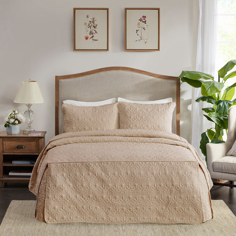 Madison Park Quebec 3 Piece Fitted Bedspread Set, Khaki