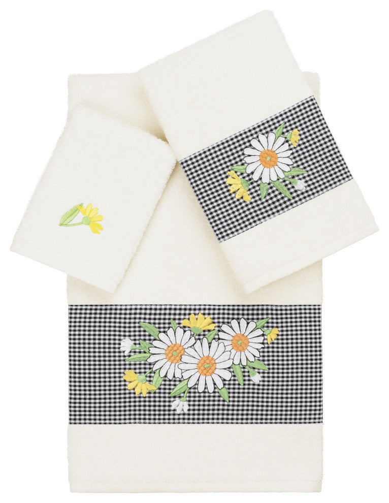 Linum Home Textiles Turkish Cotton Daisy 3-Piece Embellished Towel Set, Cream