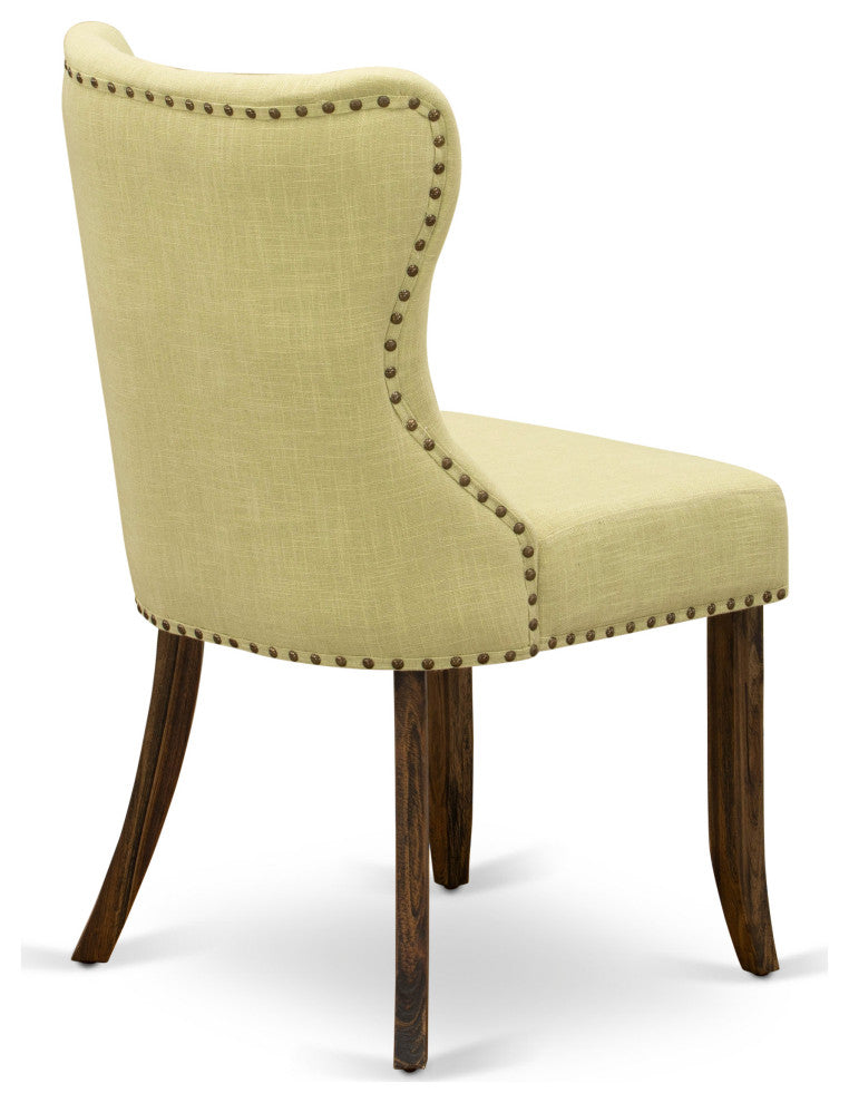 Set Of 2, Upholstered Chair, Distressed Jacobean Wooden Structure, Limelight