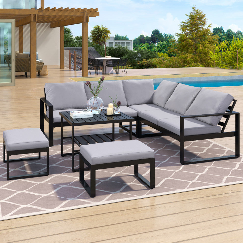 6-Piece Outdoor Steel Industrial Style Patio Sofa Combination Set With Table, Dark Gray