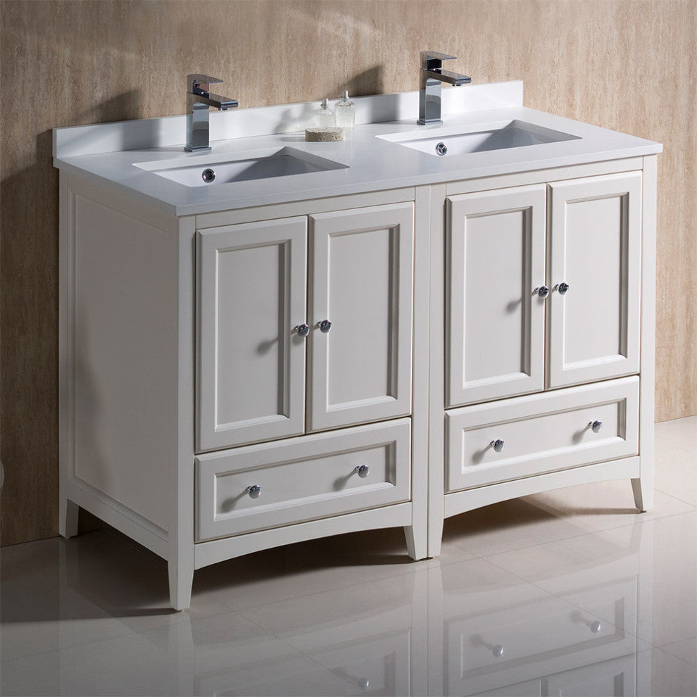 48" Oxford Double Sink Bathroom Cabinet, Base: Antique White, With Top and Sink