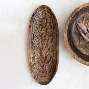 Boho Decorative Wood Tray with Carved Floral Design, Natural
