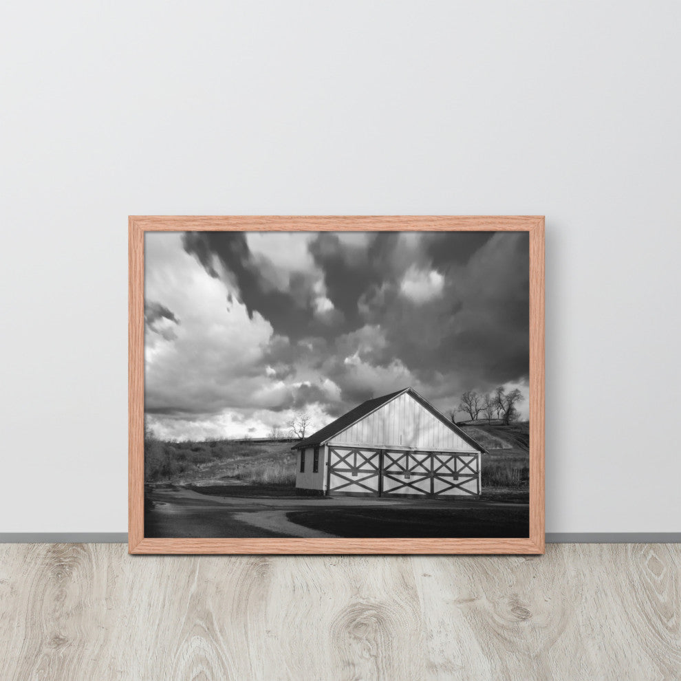 Aging Barn Morning Sun in Black and White Framed Photo Paper Wall Art Prints, Red Oak, 16" X 20"