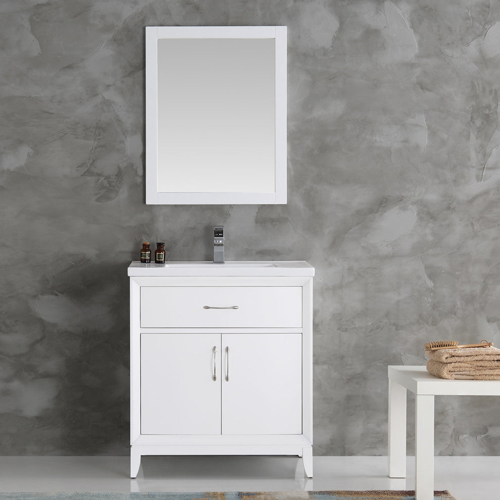 Cambridge 30" White Traditional Bathroom Vanity With Mirror, FFT1030BN