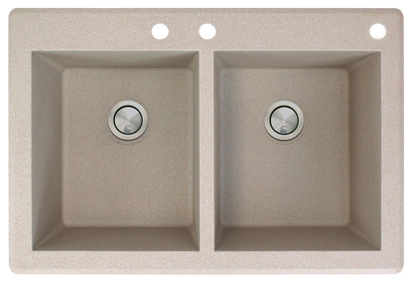 Radius 33" silQ Granite Double Bowl Kitchen Sink with 3 Holes in Cafe Latte