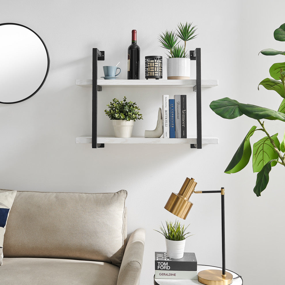 Danya B. Modern 2-Tier Hanging Wall Shelves, Metal and White Birch Finish