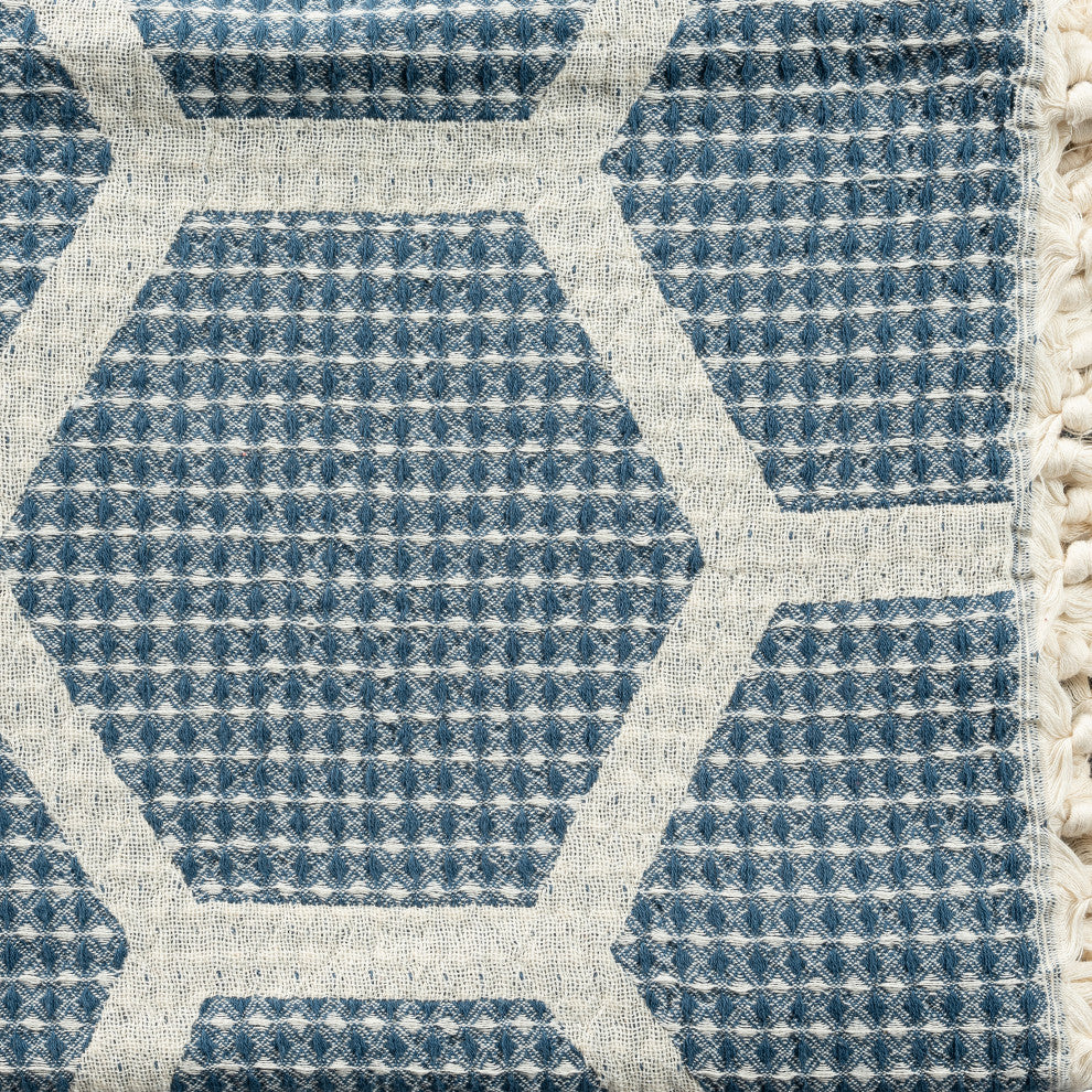 Blue/ Cream Geometric Turkish Organic Cotton Throw Blanket, Blue