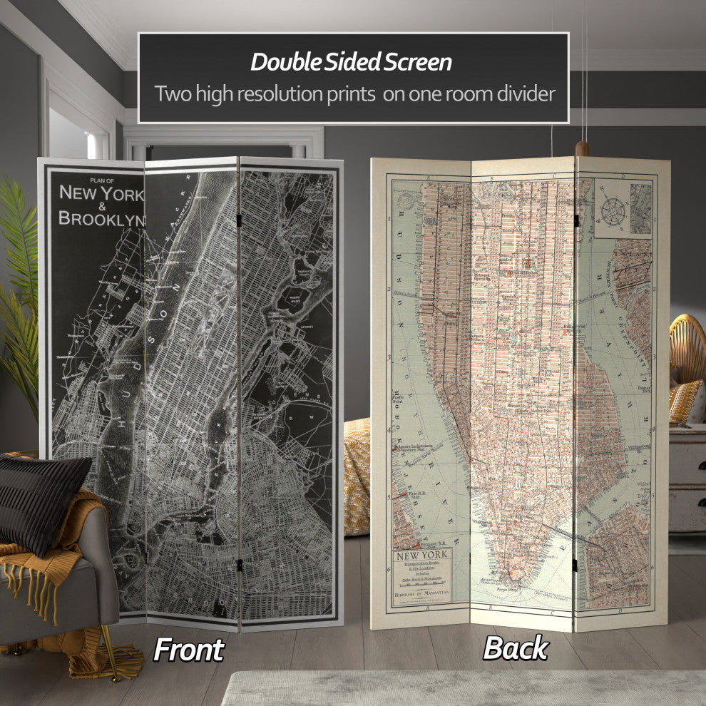 6'' Tall Double Sided Map of New York Canvas Room Divider