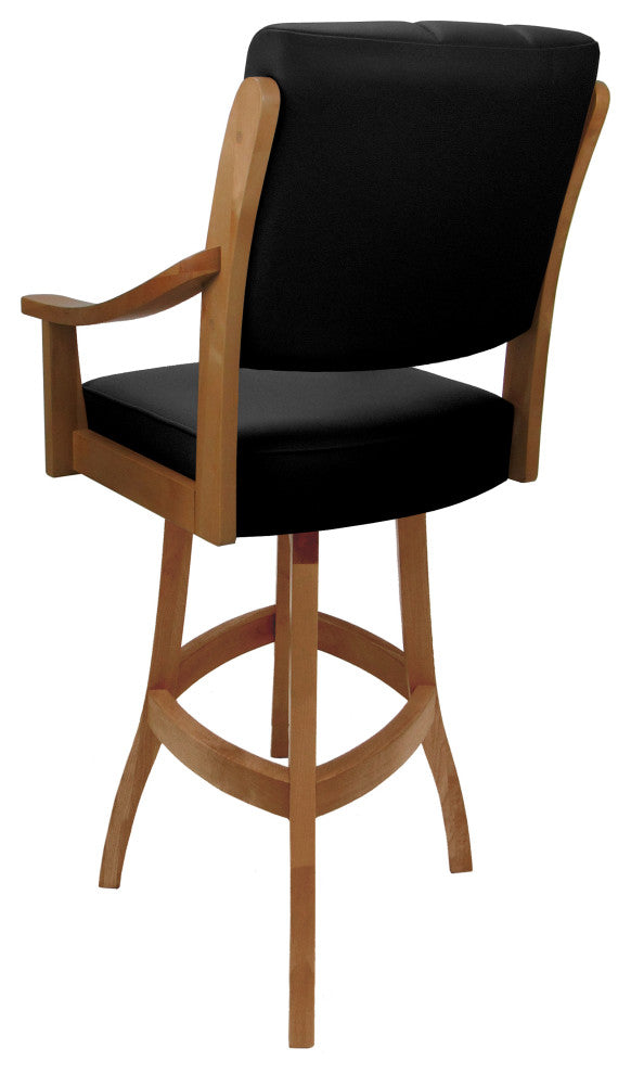 Leather Swivel Wood Bar Stool Casa on S-Base, Black Leather on Honey, 34"