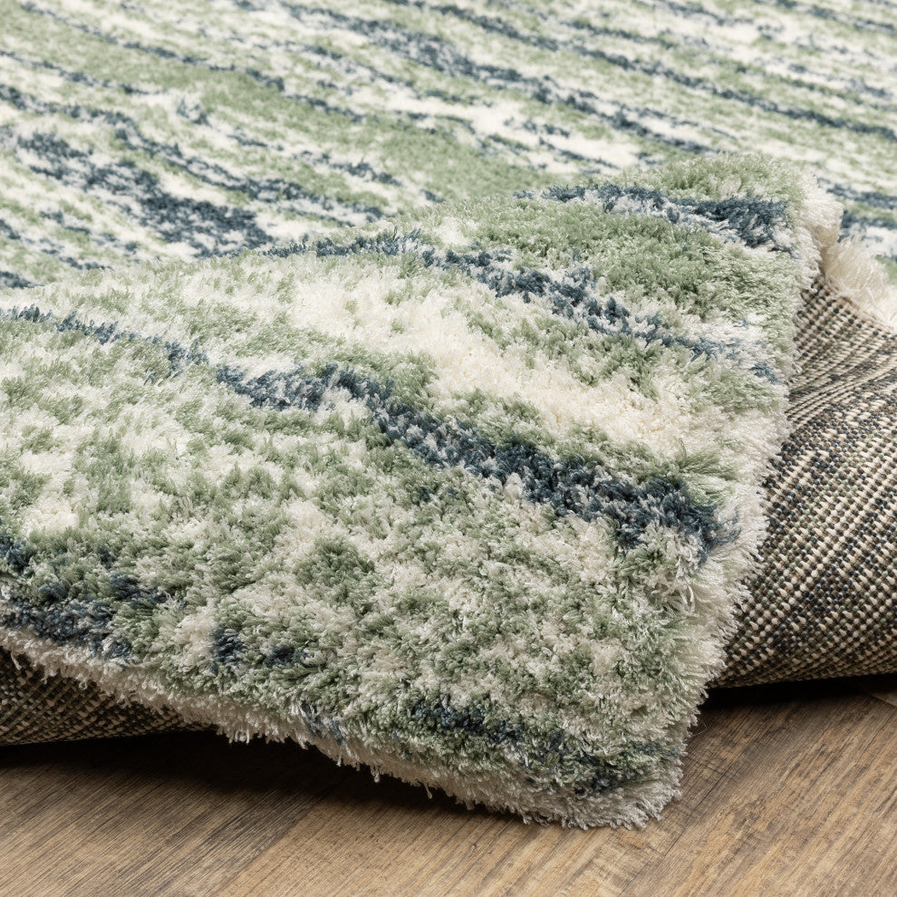 Greer Modern Distressed Stripe Blue/ Green Area Rug, 9'10" x 12'10"