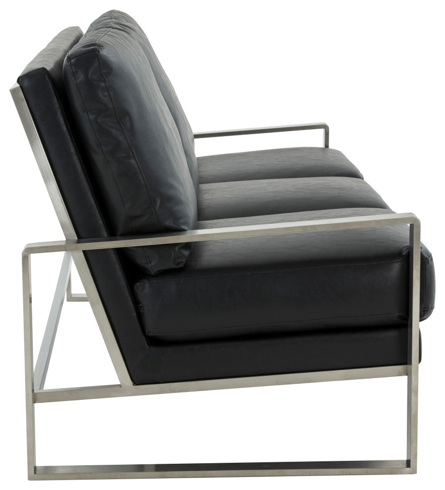 LeisureMod Jefferson Modern Faux Leather Sofa With Silver Frame, Black