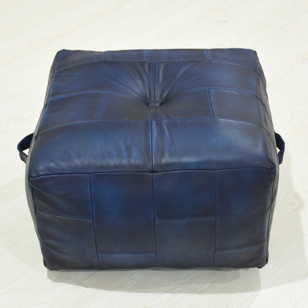 Geometric Handmade Leather Pouf (Recycled Foam with Fibre Fill) Black, [Square]21x21x12