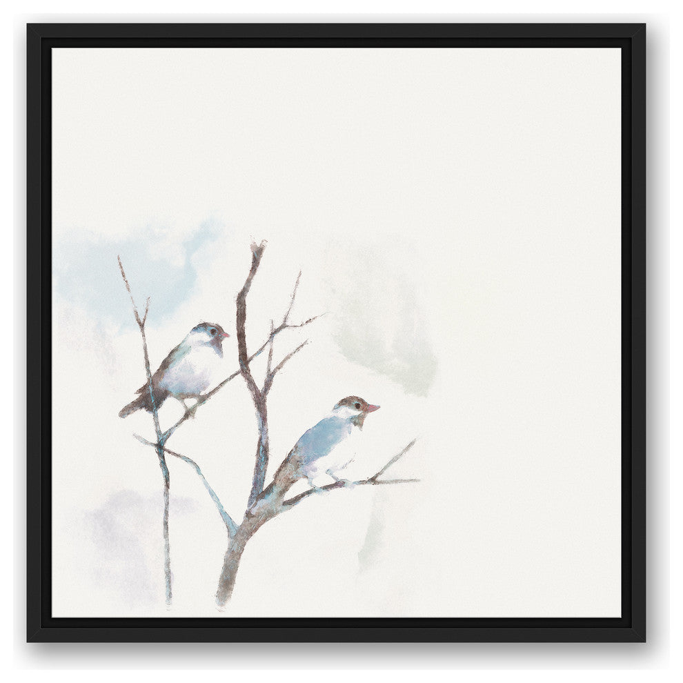 Watercolor Birds on a Branch Blue 20x20 Black Floating Framed Canvas
