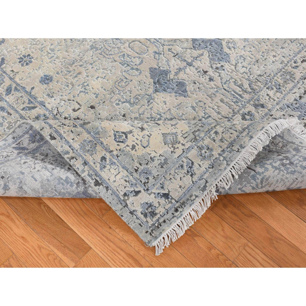 Blue, Hand Knotted, Oushak Design, Pure Silk With Wool Square Rug, 10'2"x10'2"