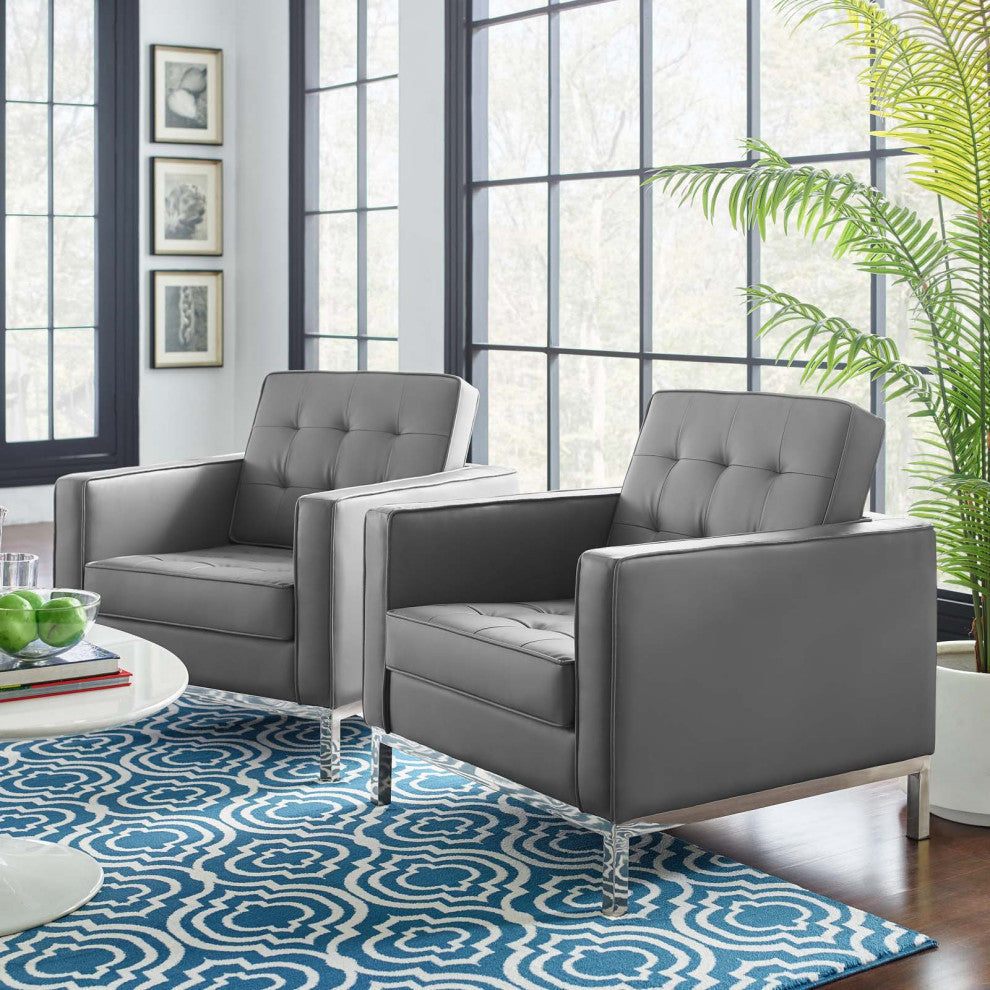 Loft Tufted Upholstered Faux Leather Armchair Set of 2-Silver Gray