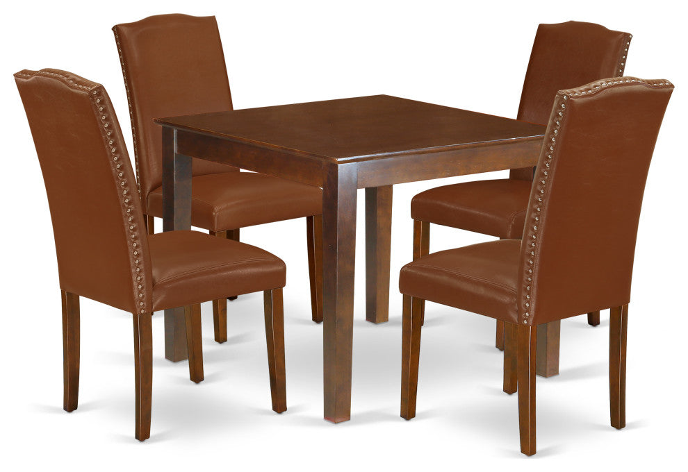 5Pc Square 36" Table, Four Parson Chair, Mahogany Leg, Brown Flaux Leather