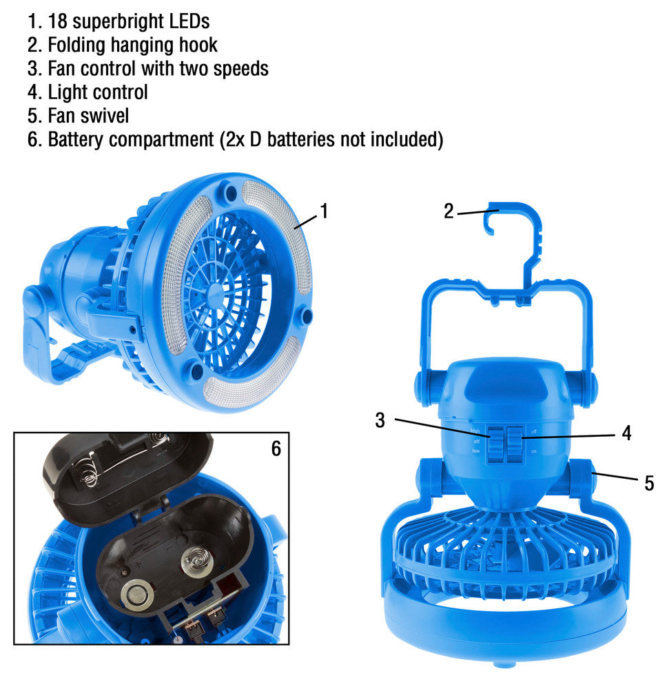 Wakeman 2-in-1 Portable Camping Lantern With Ceiling Fan, 18 LED Light, Blue