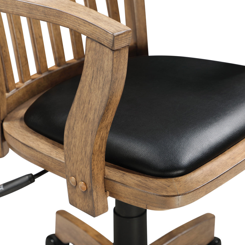 Deluxe Wood Bankers Chair with Black Vinyl Padded Seat in Fruit Brown Wood